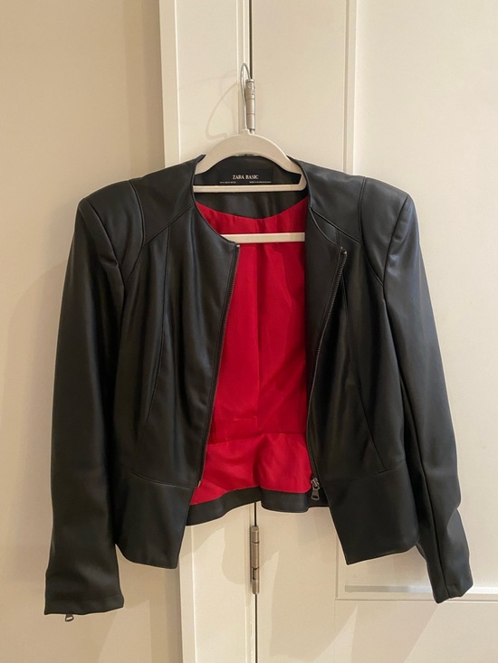 New Zara Black Faux-Leather Jacket with Red Lining - Picture 4 of 4